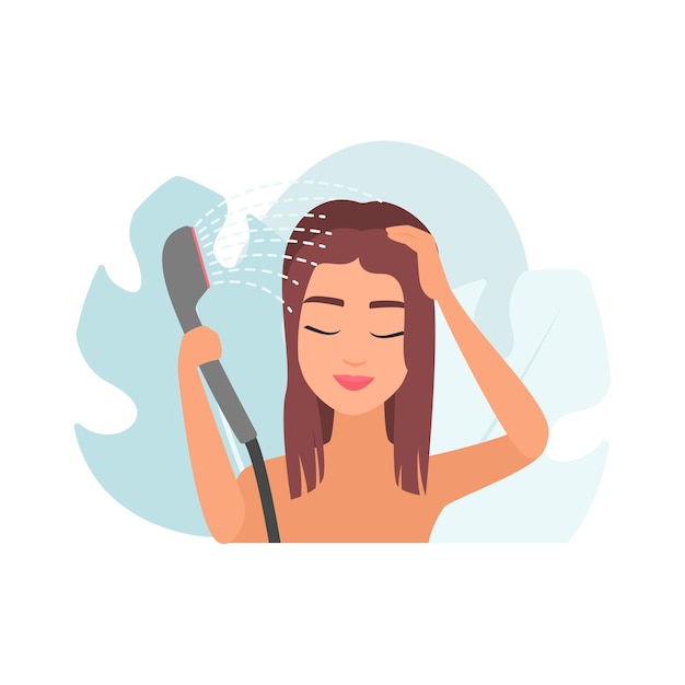 Vector girl with closed eyes washing hair from shower head daily hygiene routine