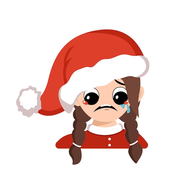 Girl with crying and tears emotion, sad face, depressive eyes in red Santa hat. Cute kid with melancholy expression in carnival costume for New Year, Christmas and holiday. Head of adorable child