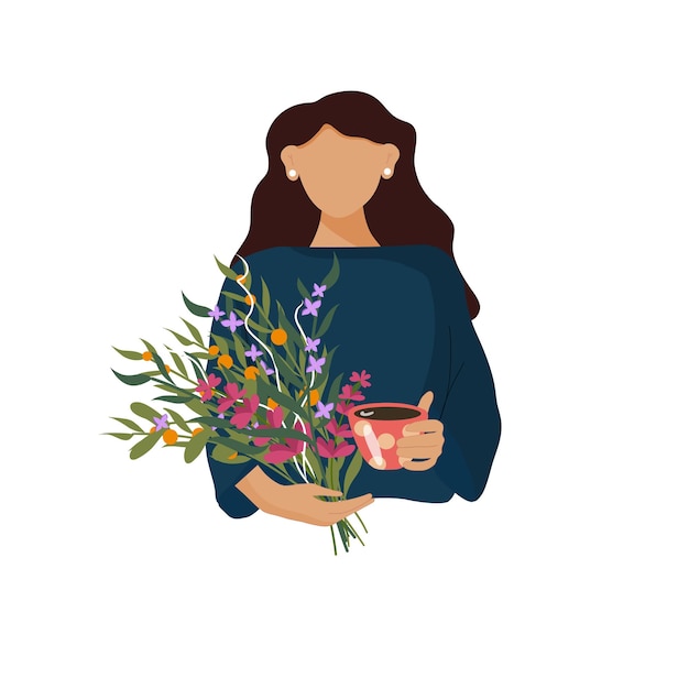 Girl with dark hair holding a cup and colourful bouquet