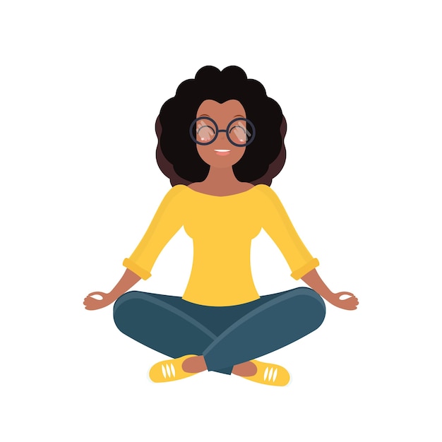 A girl with dark skin sits in a pose of meditation with flying flowing hair Healthful body mind and emotions yoga and lotus postures Isolated Vector illustration