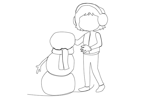 A girl with earmuffs giving a scarf to a snowman line art