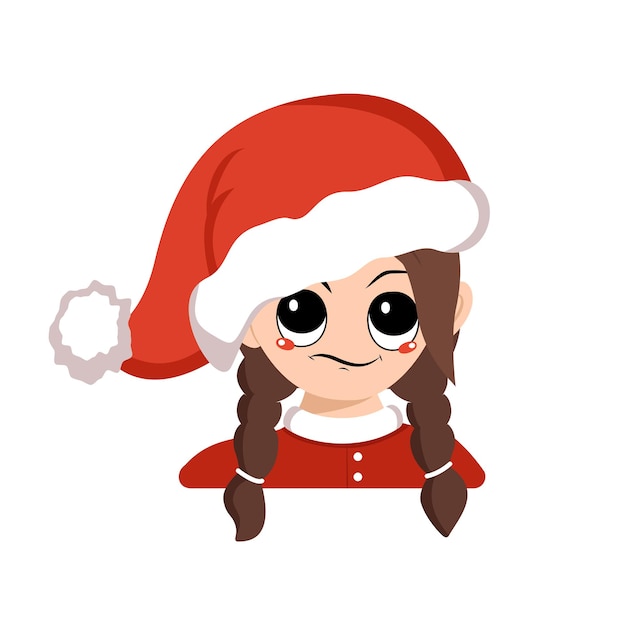 Girl with emotions of suspicious displeased eyes in red santa hat cute kid with annoyed expression i...