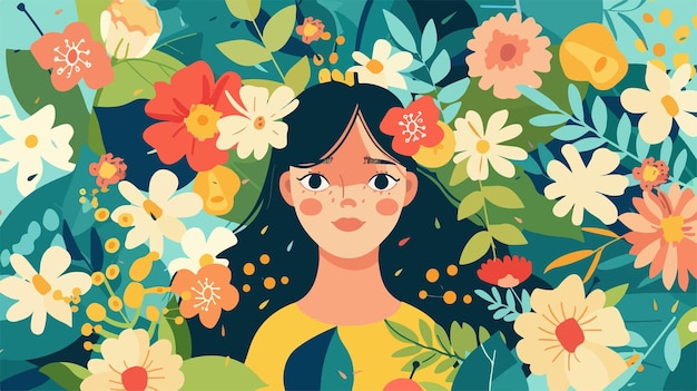 Vector a girl with a flower in her hair is surrounded by flowers