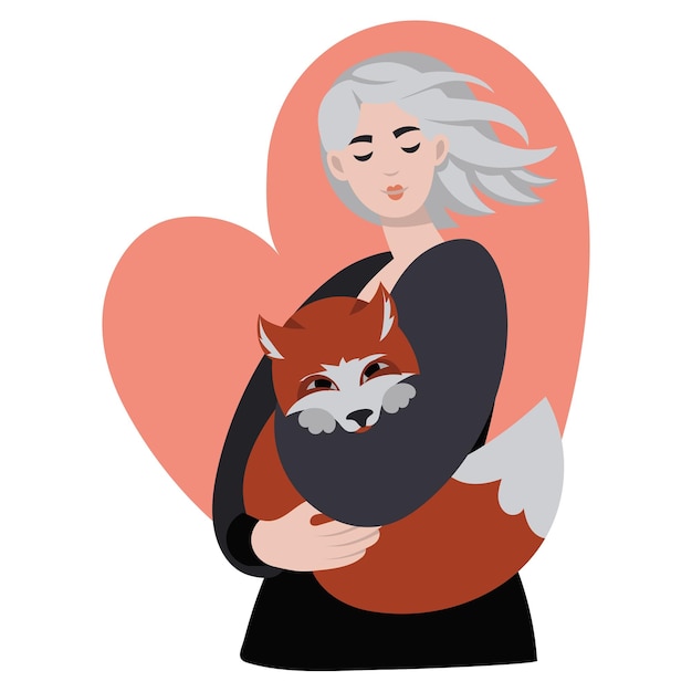 A girl with a fox in her hands on a white background with a heart A girl with an animal caring