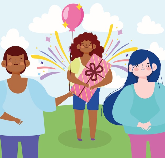 Girl with gift and friends balloons party celebration cartoon  illustration