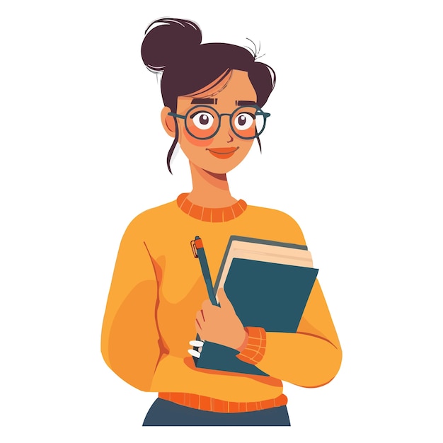 Vector a girl with glasses holding a book and a pencil in her hand