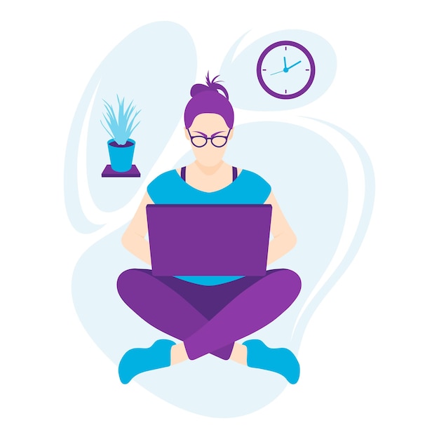 A girl with glasses is sitting cross-legged on the floor at home, working on a laptop. On the shelf is a home plant. There's a clock on the wall. Flat style. Purple and blue colors.