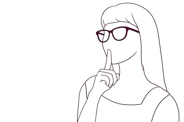 Girl with glasses showing silence gesture hand drawn style vector illustration