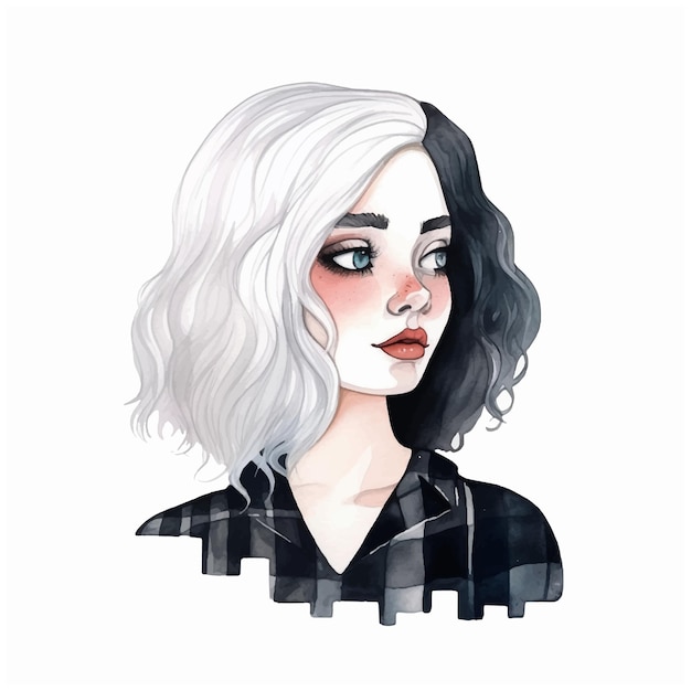 Girl with half black and half white hair watercolor paint ilustration