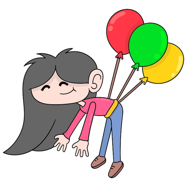 Girl with a happy face flying in a balloon into the sky, vector illustration art. doodle icon image kawaii.