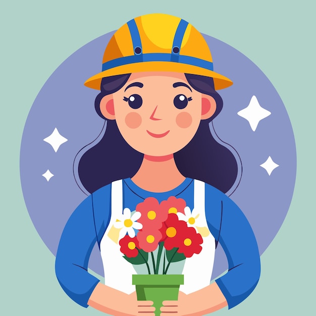 a girl with a hat and a bunch of flowers