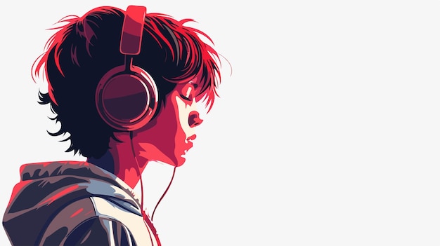 Vector a girl with headphones on and a red background