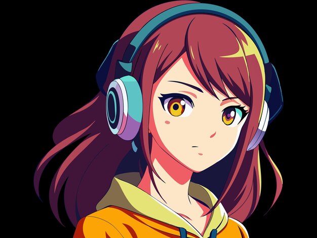 Vector a girl with headphones on and a yellow shirt that says anime