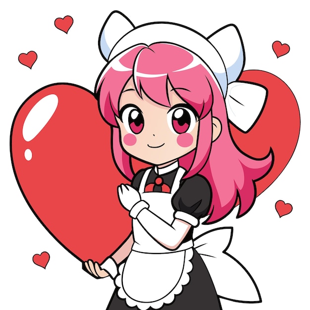 a girl with a heart on her head holds a balloon with a heart in the background