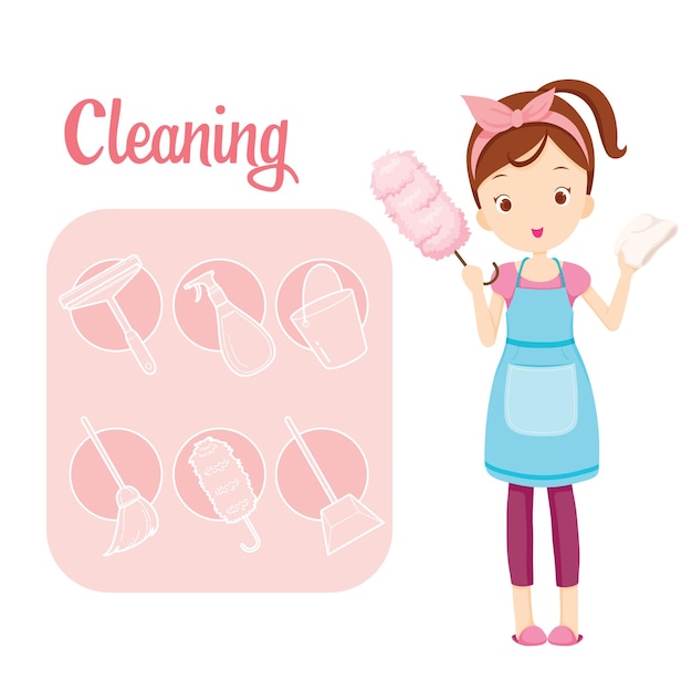 Girl With House Cleaning Equipment And Outline Icons Set