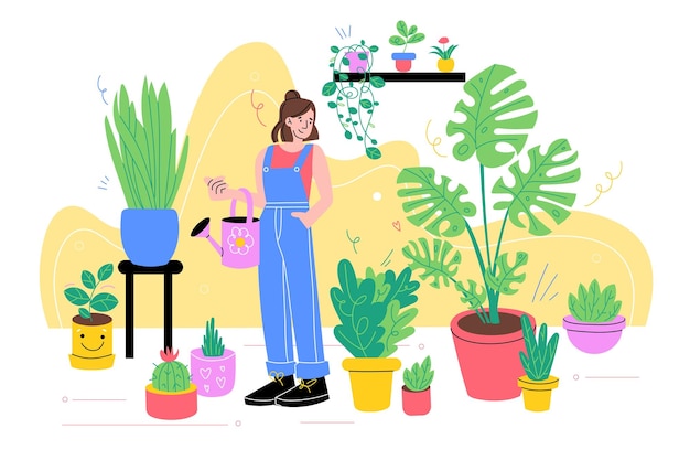 Girl with houseplants at home Young happy woman in room caring potted plants home gardening interior jungle cozy hobby Palm cute cactus and tropical monstera vector concept