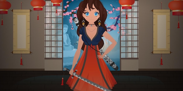 Girl with a katana in a blue and red dress Anime samurai woman in the Japanese room