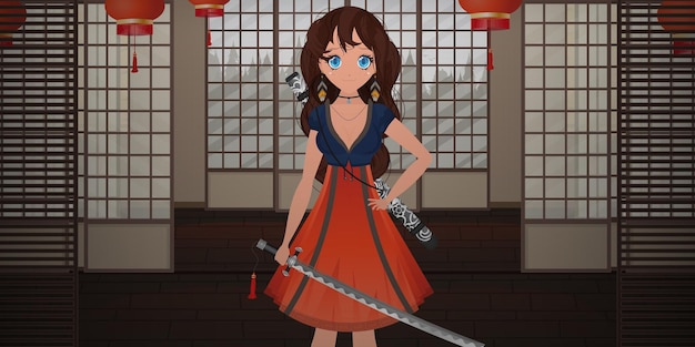 A girl with a katana in a blue and red dress stands in a Japanese room Anime samurai woman Cartoon style vector illustration