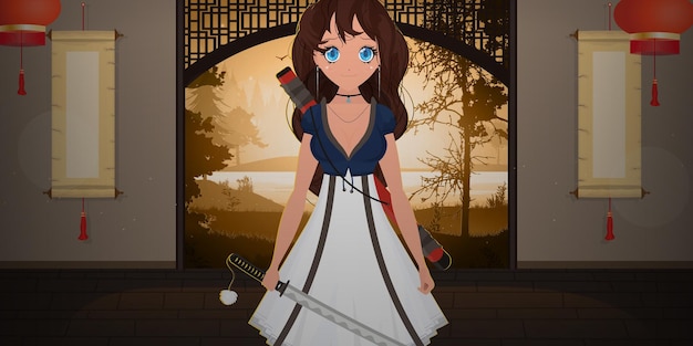 A girl with a katana in a blue and white dress stands in a Japanese room Anime samurai woman Cartoon style vector illustration