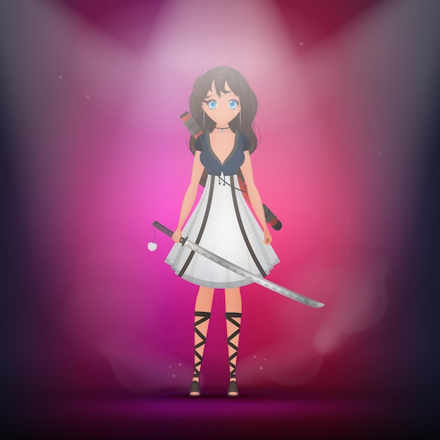 Girl with a katana in a white dress Anime samurai woman Cartoon style vector illustration