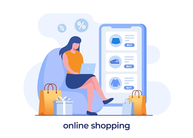 Girl with a laptop, online shopping easy transaction with gadget mobile phone, flat vector illustration for banner and background