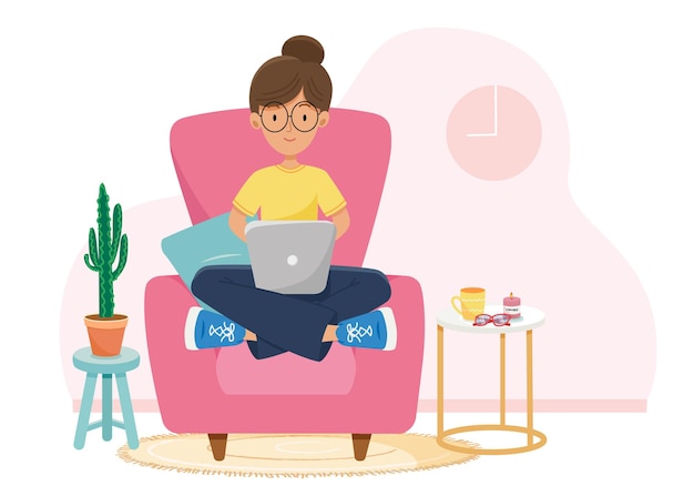 Girl with laptop sitting on the chair. Freelance or studying concept. Cute illustration in flat style.