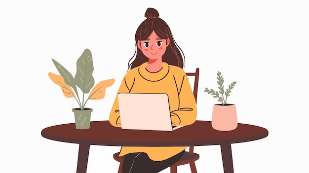 Vector a girl with a laptop on a table with potted plants