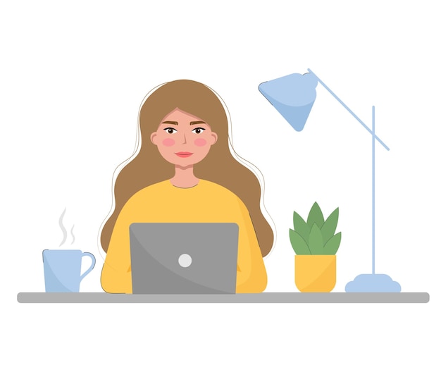 Girl with laptop vector illustration Woman sitting behind work table and working at laptop