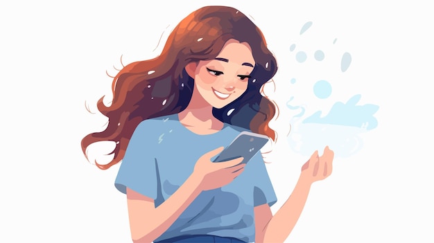 a girl with long brown hair is holding a phone