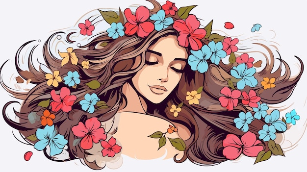 Vector girl with long hair and flowers hand drawn illustration