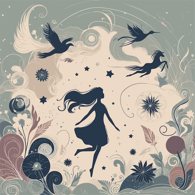 a girl with long hair is flying in a floral pattern silhouette girl surrounded by fantastical objec