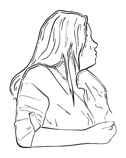 Girl with long hair in a shirt looks sideways profile doodle linear