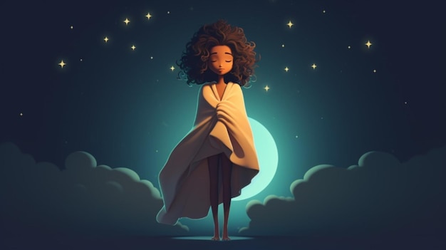 Vector a girl with a long hair stands in the dark under a full moon