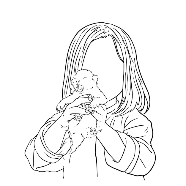 Girl with long hair with a kitten in her hands pet doodle linear cartoon coloring