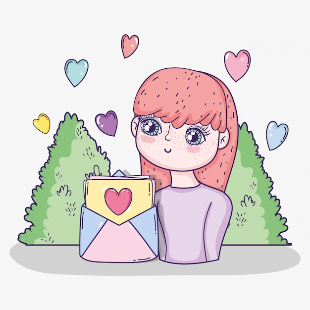 Girl with love card and hearts with bushes