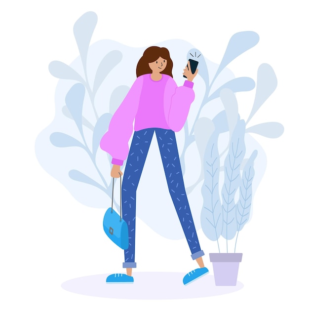 Girl with a mobile phone Vector illustration in a flat style Character for design