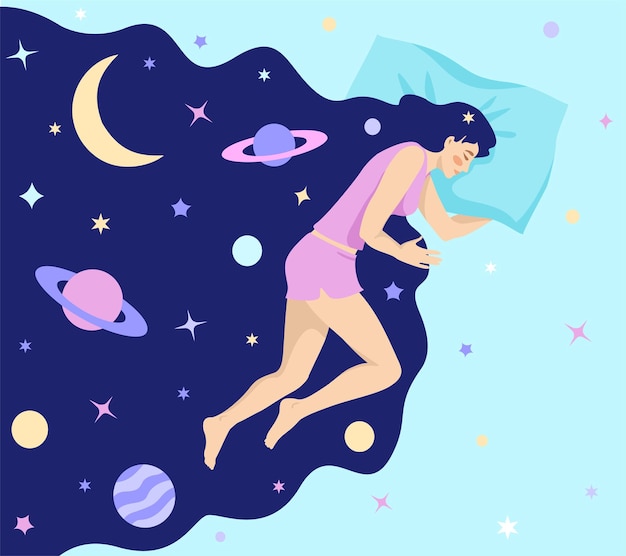 Girl with night dream universe Woman universe in hair Modern flat character Woman character in dream Abstract astrology concept