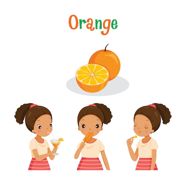 Girl With Orange Fruit, Juice, Ice Cream And Letters, Tropical Fruits, Healthy Eating