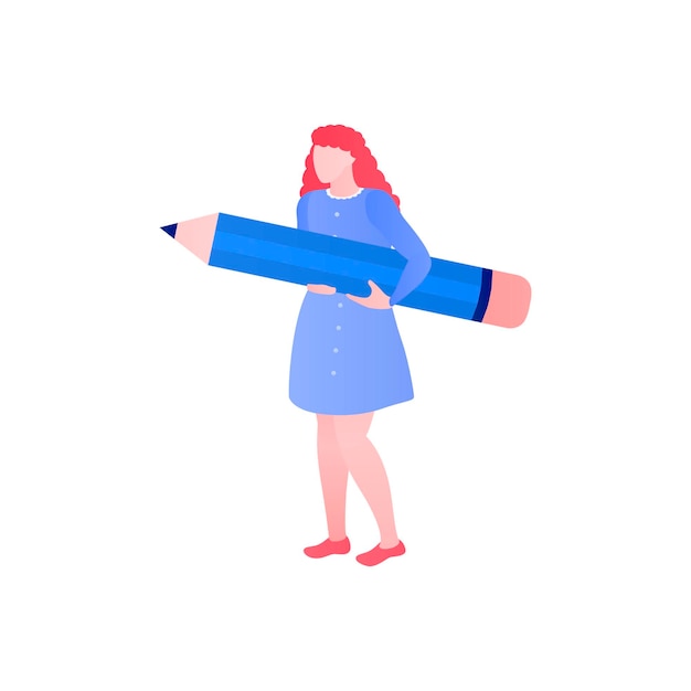 Girl with Pencil Flat Vector Illustration