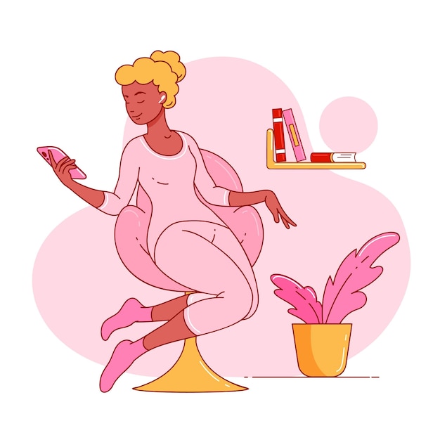 Girl with phone in headphones listens music in pink armchair Vector flat illustration with outline