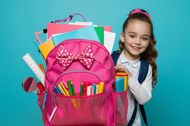 a girl with a pink backpack with a bow on it and a pink backpack with other pencils in it