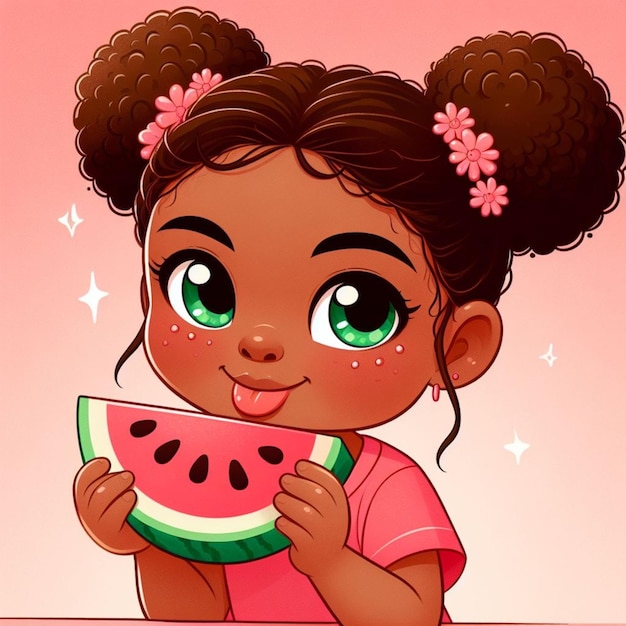 a girl with a pink shirt that says quot she is eating a watermelon quot