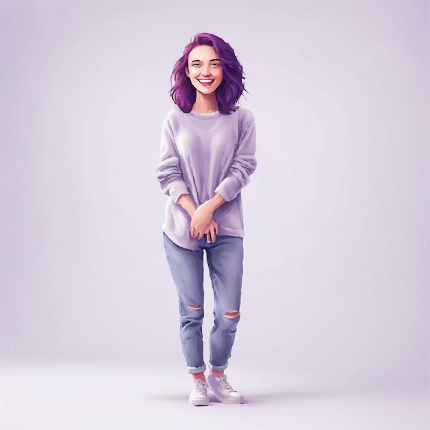 Vector girl with purple hair is standing in front of a gray background