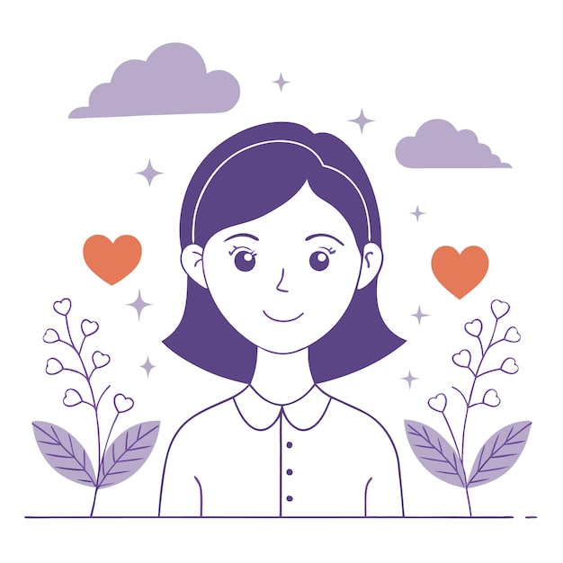 a girl with purple hair stands in front of a heart and a couple of flowers