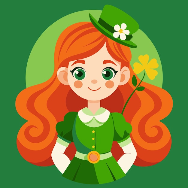 Vector a girl with red hair and green dress with a flower in her hair