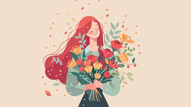 Vector a girl with red hair holds a bouquet of flowers