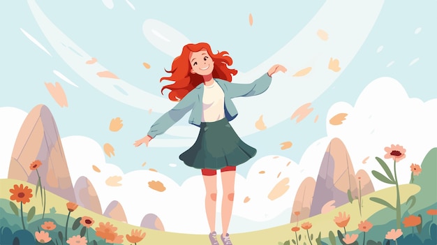 a girl with red hair is flying in the air