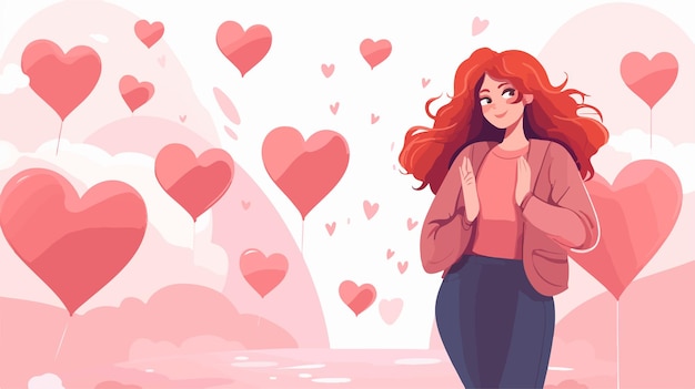 a girl with red hair stands in front of a heart shaped wall