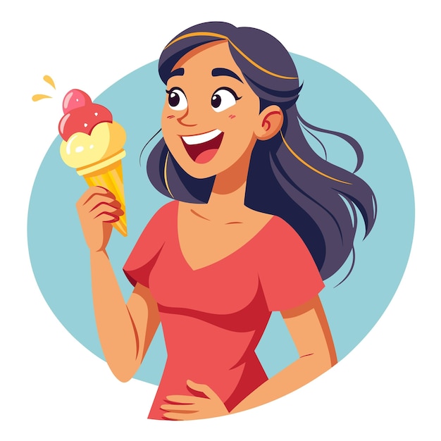 a girl with a red shirt is holding an ice cream cone