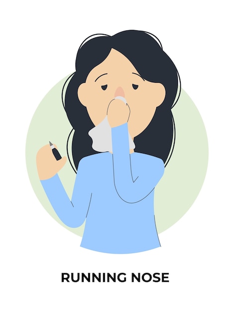 Girl with running nose Flu symptoms information Flat style vector illustration